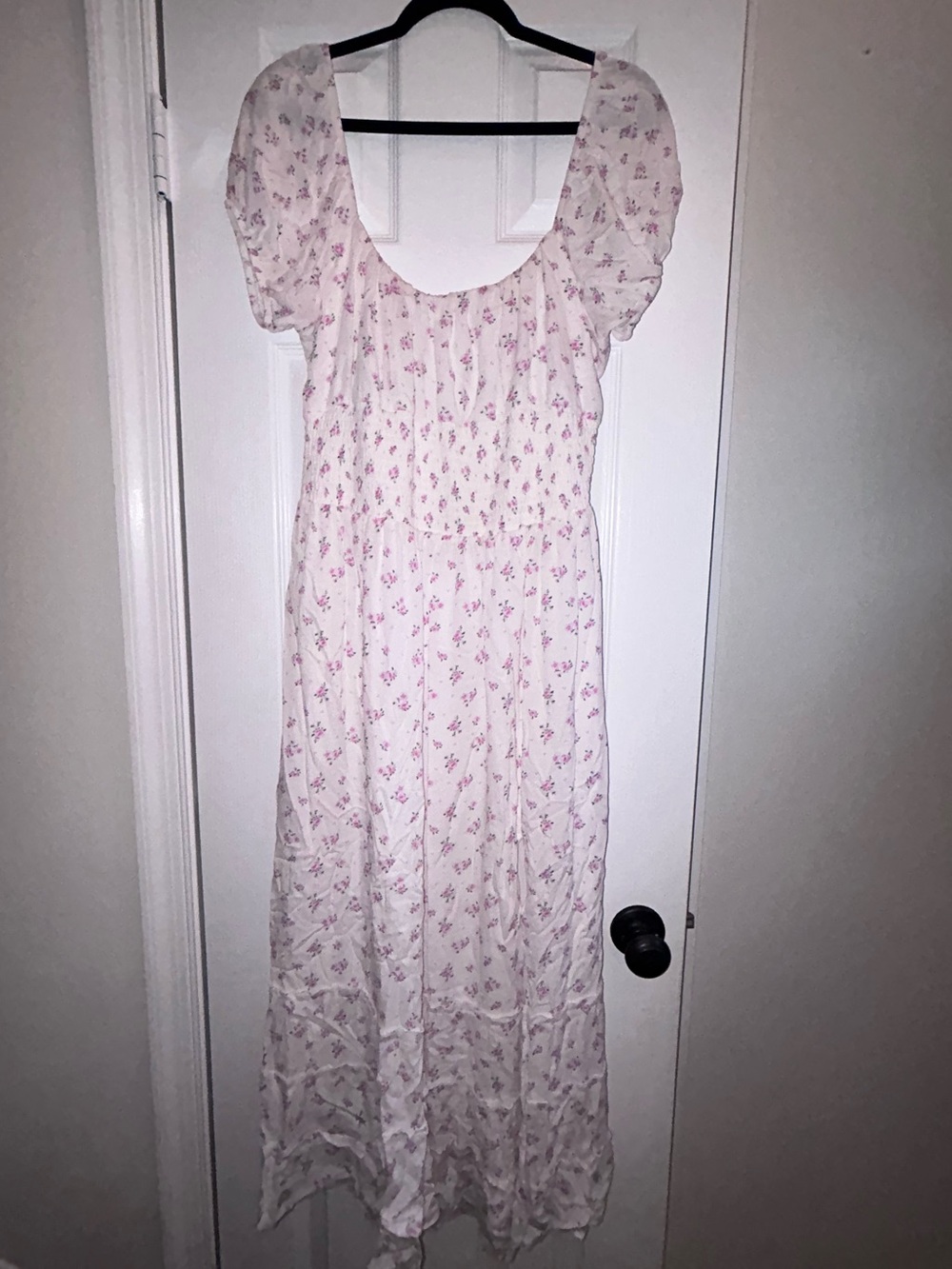 Altar'd State White Maxi Dress with Pink Floral Print XL Puff Sleeve Tie Back